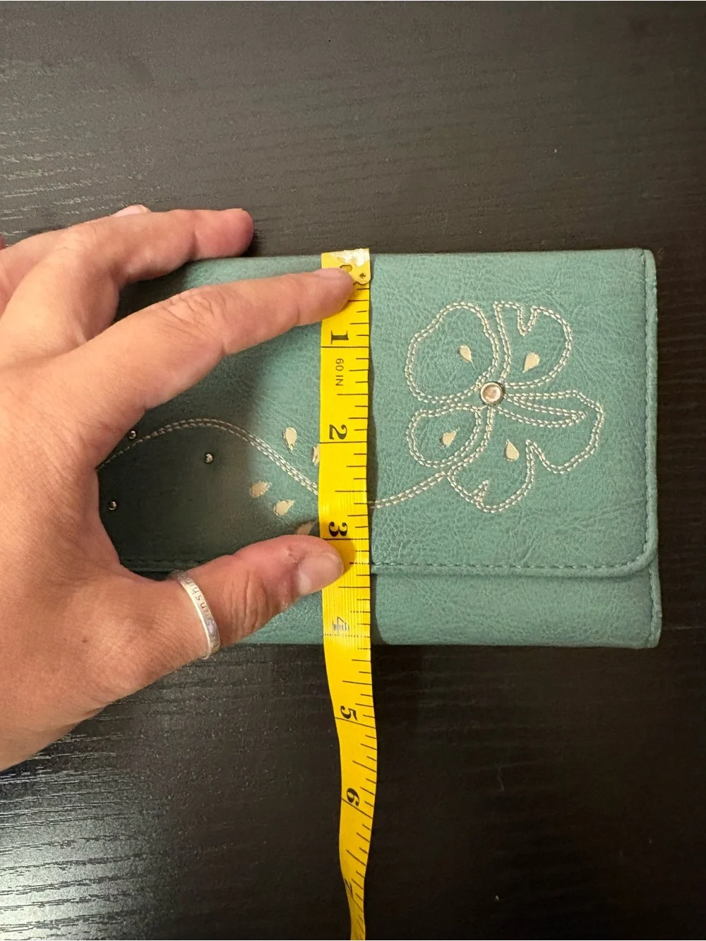 Teal Floral Rhinestone Trifold Organizer Wallet Zip Coin Pocket